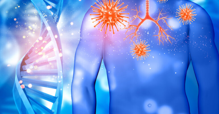 3D medical male figure with bronchus highlighted and virus cells